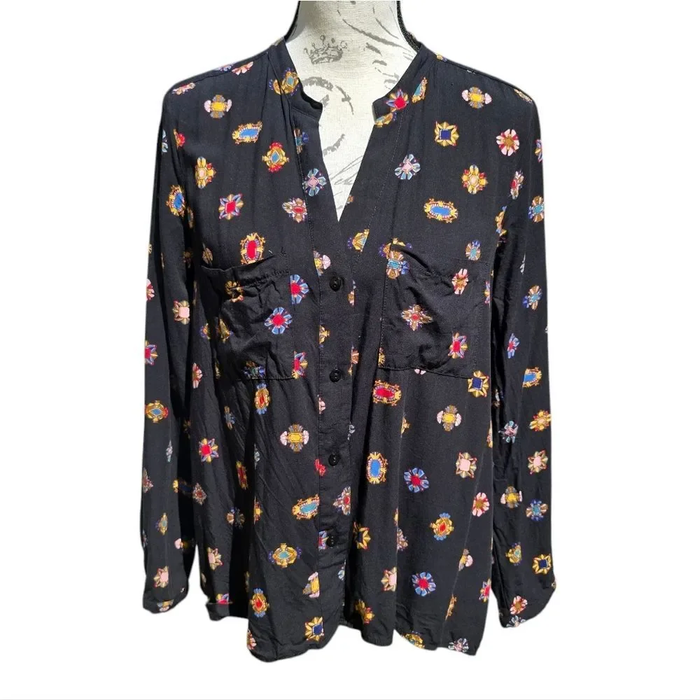 Zara -1824 Jewel Print Button Up Shirt Long Sleeve Black Multicolor Medium